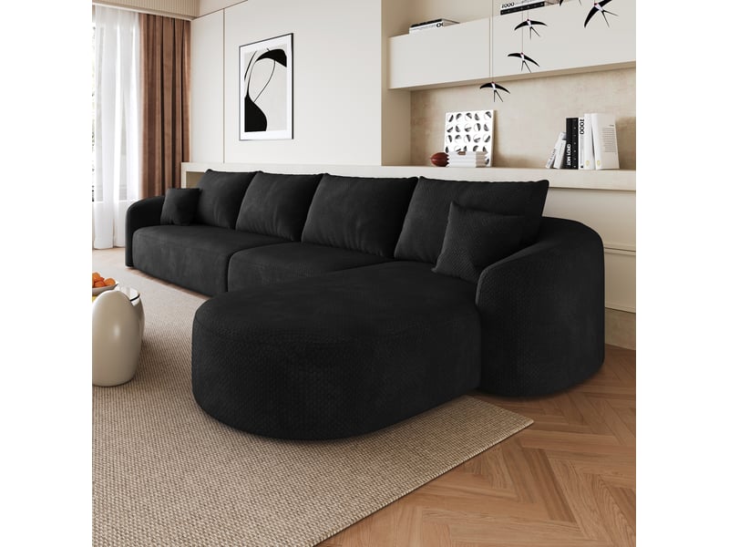 Canapé d’angle droit modulable 5 places en chenille noire 336x168x85 cm - Conforama E