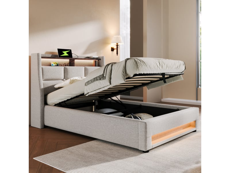  Lit 1 personne 90x200 cm avec matelas, structure de lit avec tête de lit en lin, beige, lit simple led avec sommier à lattes  - Conforama E