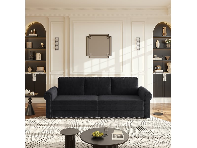Canapé-lit convertible 3-en-1 238x90x98 cm – noir – coulissant, 3 places, accoudoirs roulés et clous décoratifs - Conforama E