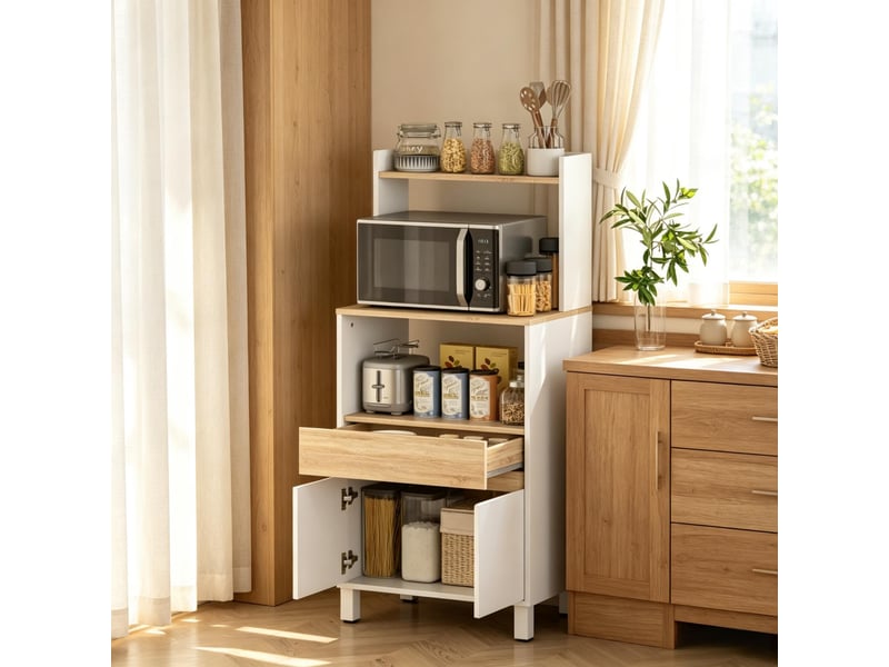Meuble micro-ondes sur pied avec placard, rangements de porte et étagères ouvertes - Conforama B