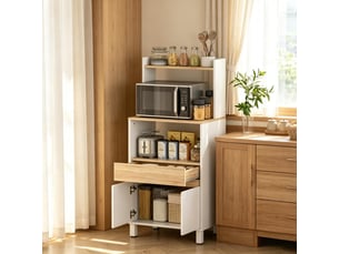 Meuble micro-ondes sur pied avec placard, rangements de porte et étagères ouvertes