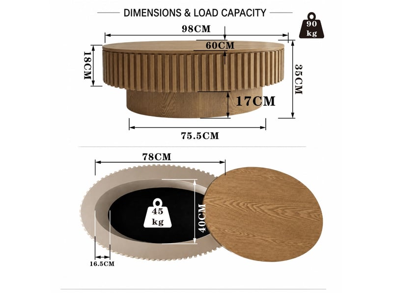  Table basse ovale cannelée 105.0x25.0x67.0 cm avec rangement caché en bois et mdf coloris naturel  - Conforama E