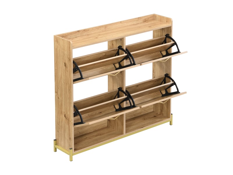  Meuble à chaussures en bois, 4 portes en rotin, cadre métallique et étagère supérieure de rangement  - Conforama D