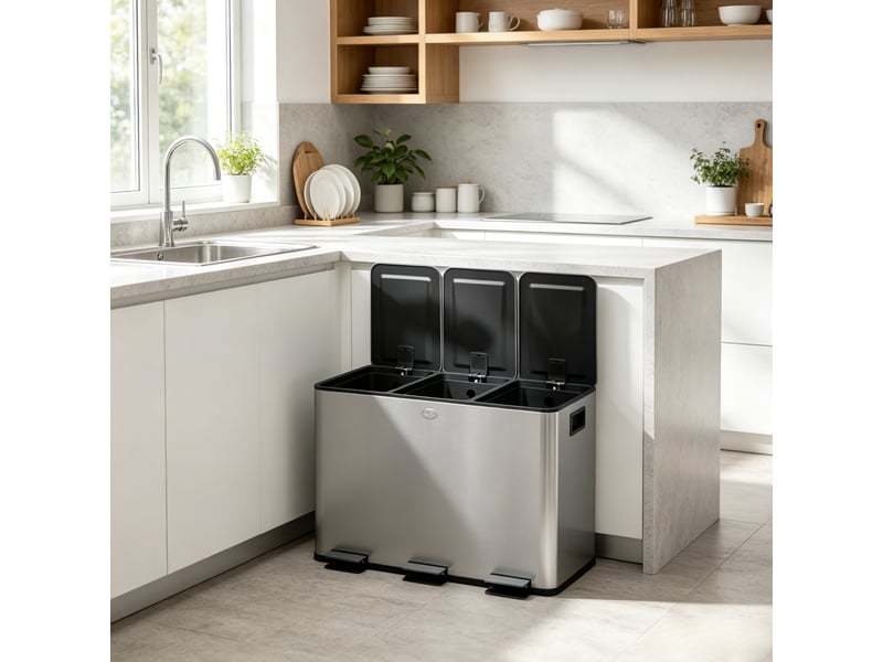  Poubelle tri sélectif - poubelle de cuisine, système de tri des déchets avec 3 compartiments de 10 l chacun, argent  - Conforama A