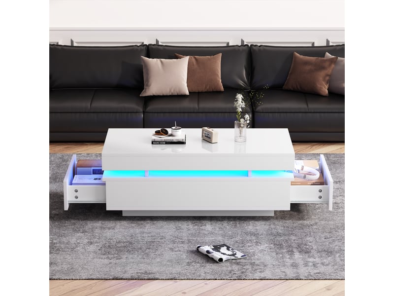 Table basse fixe avec tiroirs, blanche, 100 x 50 x 35 cm, 2 tiroirs et éclairage led - Conforama B