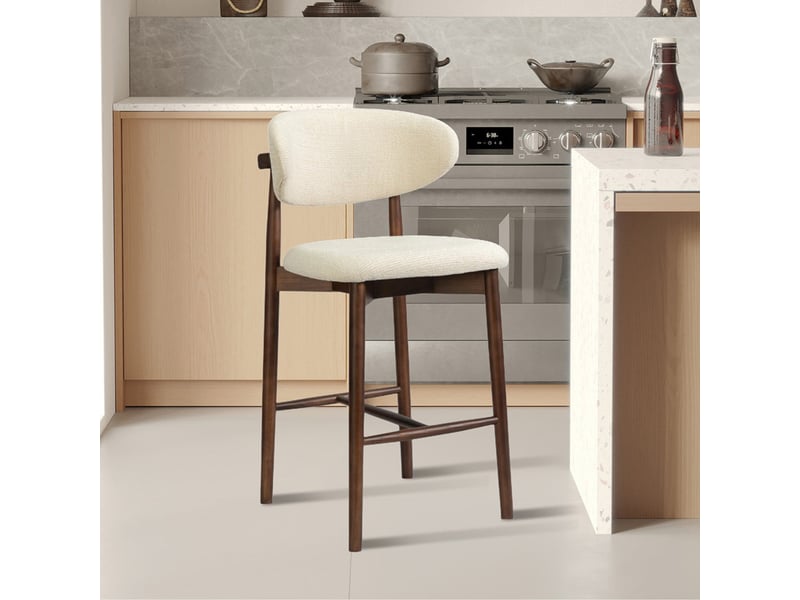  Tabouret en tissu bouclette beige pieds en chêne massif foncé  - Conforama B