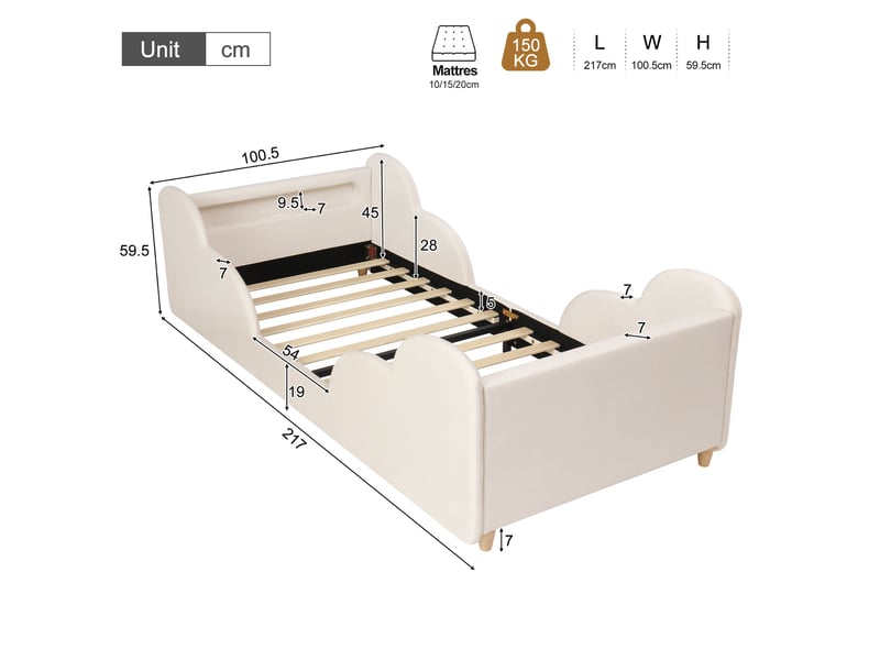  Lit enfant rembourré 90x200 cm avec garde-corps rembourrés, veilleuse, port usb-c et sommier à lattes, velours beige  - Conforama C