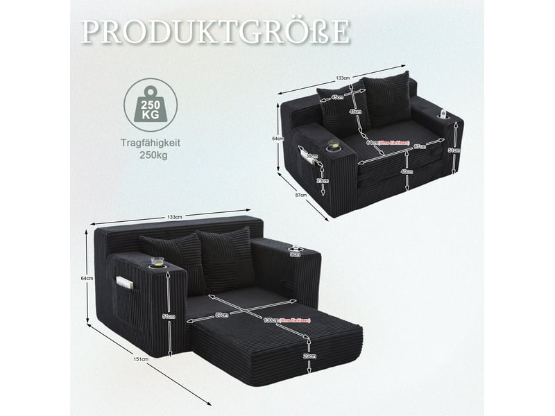  Canapé convertible 2 places modenvie en velours côtelé noir avec deux coussins, support pour gobelet et poches latérales 151 x 133 x 64 cm  - Conforama C