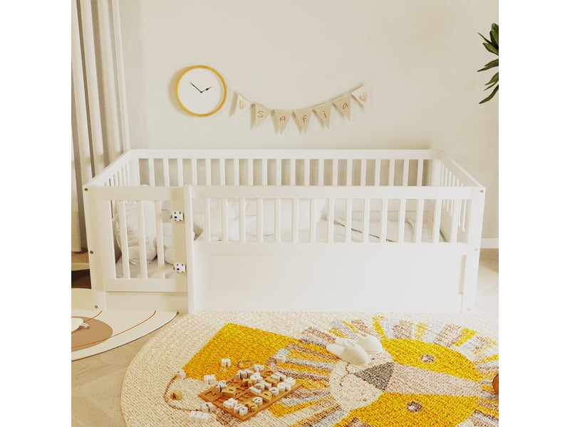 Lit enfant 1 place avec barrière et porte, lit bas 90 × 200 cm, sans matelas - en bois massif - blanc - Conforama B
