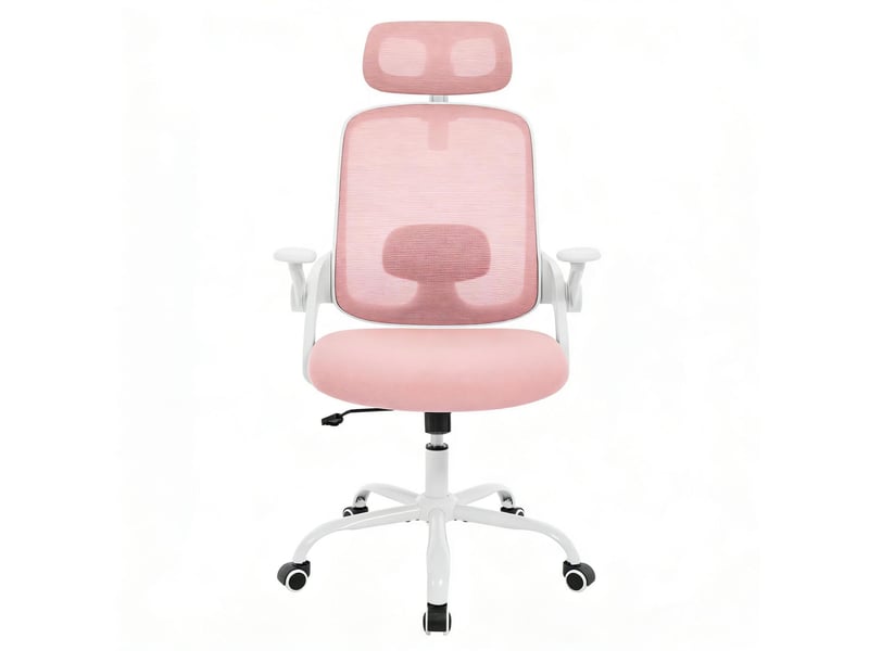  Chaise de bureau ergonomique dossier haut, appuie-tête réglable, accoudoirs 3d, maille rose  - Conforama A