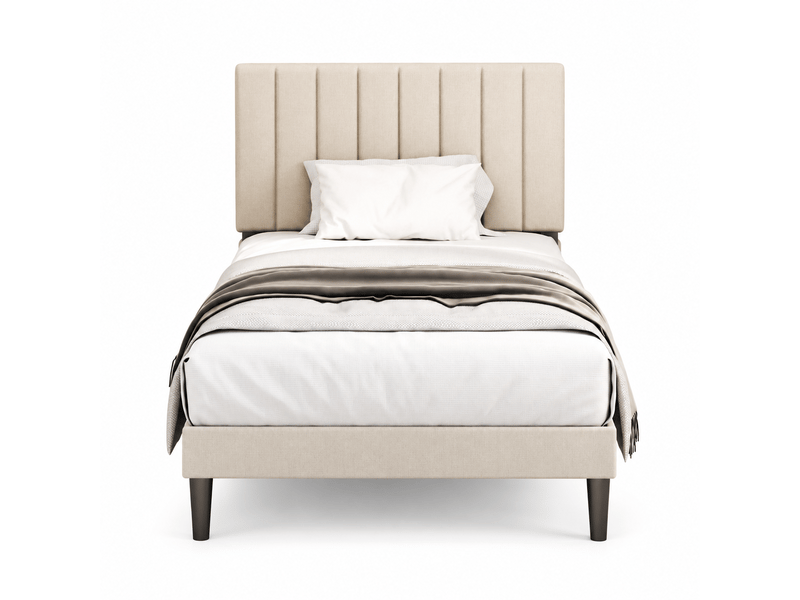 Lit 90x200 cm, cadre de lit métallique rembourré robuste avec tête de lit réglable, espace de rangement sous le lit, stable, silencieux et antidérapant, montage facile, beige, matelas non inclus - Conforama A
