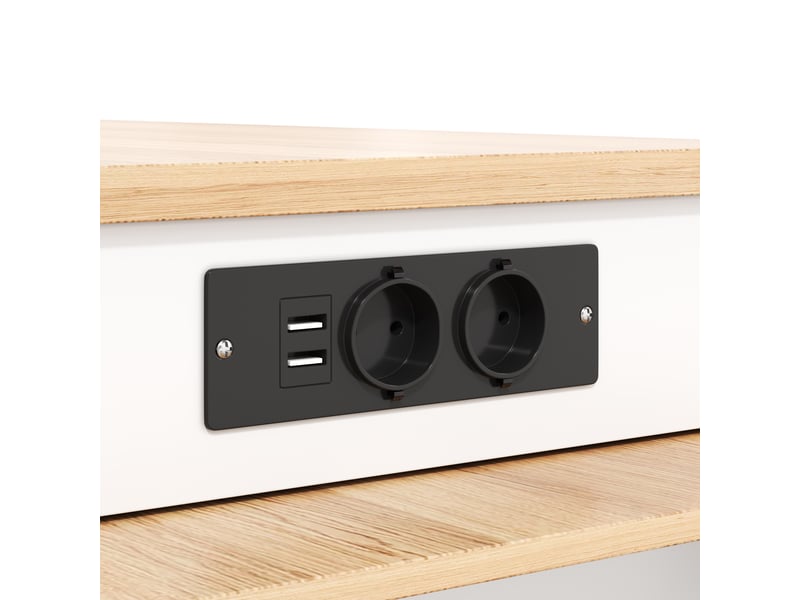 Desserte îlot de cuisine avec table extensible 132(235)x70x90 cm, mdf blanc, prises+usb  - Conforama R