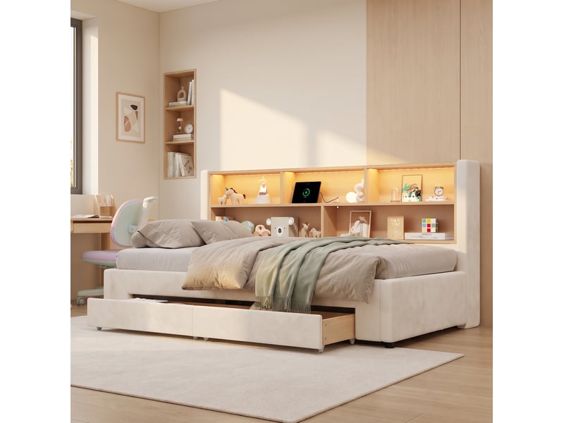  Lit simple 90x200 cm avec tiroirs et éclairage led en velours beige  - Conforama C