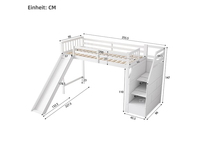 Modenvie lit mezzanine enfant 90x200 cm - avec toboggan, escalier de rangement, sans matelas - blanc  - Conforama C