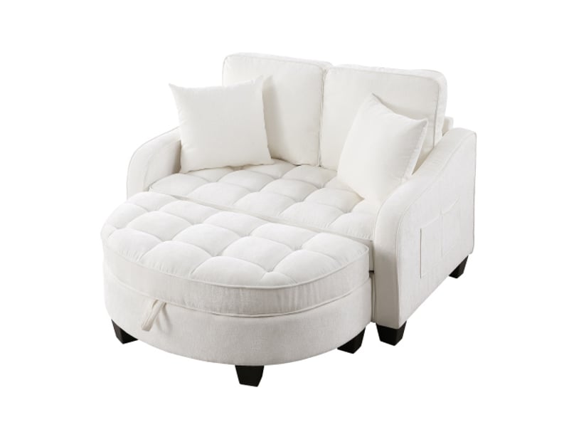 Canapé-lit 2-en-1 avec ottomane de rangement - tissu respirant, bois d'eucalyptus écoresponsable, beige - Conforama A