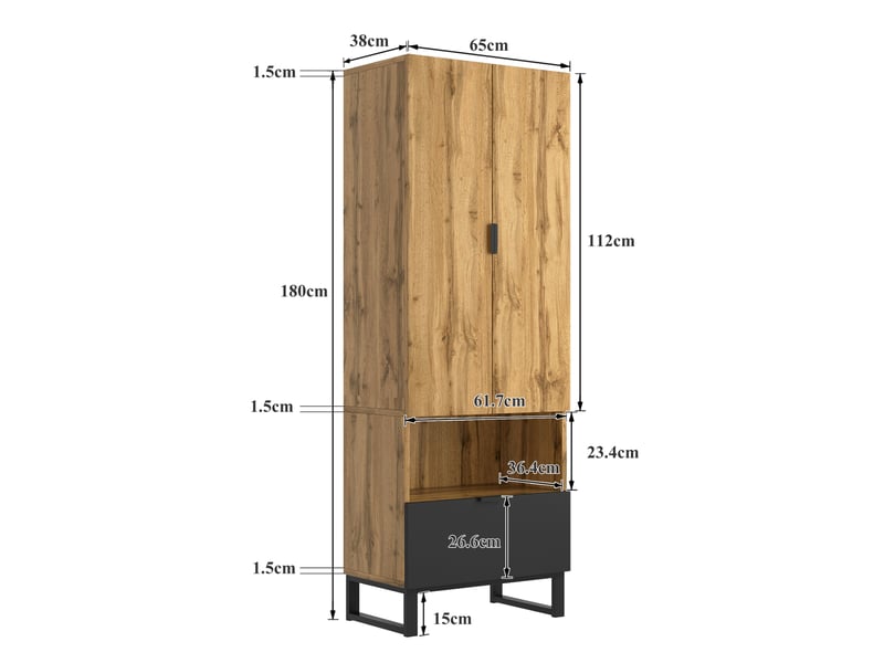  Armoire vestiaire tcqpz 65 x 38 x 180 cm avec penderie, étagères réglables, tiroir, bois et noir  - Conforama C