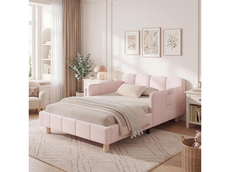  Lit 90x200 cm avec tête de lit rembourrée, lit d'enfant en velours bouclé, lit simple avec pieds en bois massif, couleur rose  - Conforama E