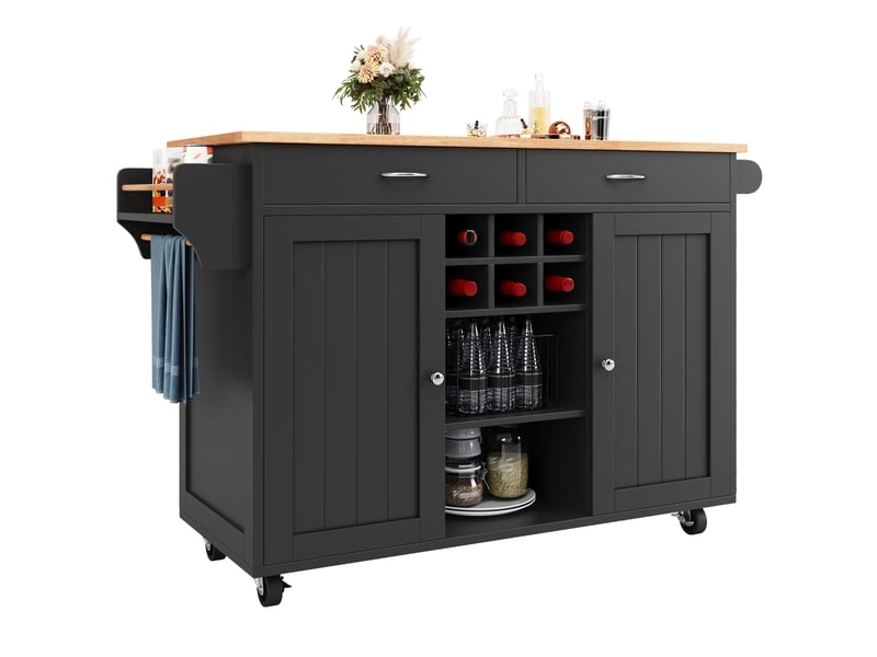  Desserte cuisine, îlot central sur roulettes avec plan de travail, range-bouteilles, dimensions 102 x 45 x 92 cm, mdf, noir  - Conforama A