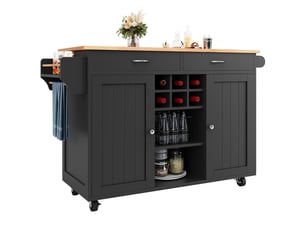 Desserte cuisine, îlot central sur roulettes avec plan de travail, range-bouteilles, dimensions 102 x 45 x 92 cm, mdf, noir