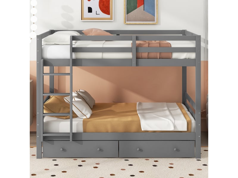  Lit superposé 140x200 en bois massif avec barrières de sécurité, lit enfant avec tiroirs et espace de rangement, lit superposé gris.  - Conforama E