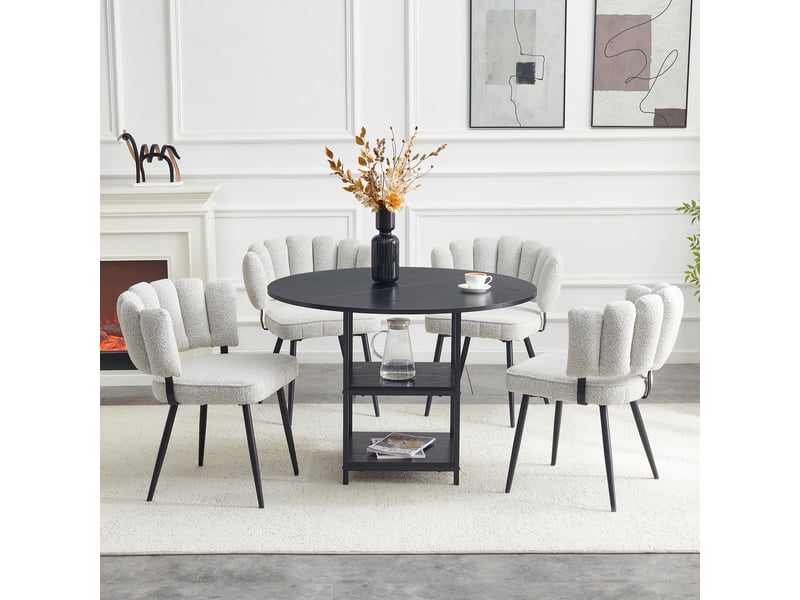 Ensemble table à manger extensible avec 4 chaises, table blanche avec rangement et fauteuils rembourrés en tissu bouclé  - Conforama C