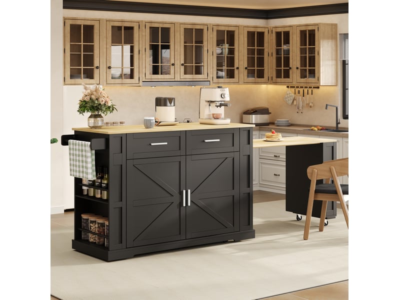  Desserte de cuisine 130x50x93 cm noire et naturelle avec plateau extensible  - Conforama E