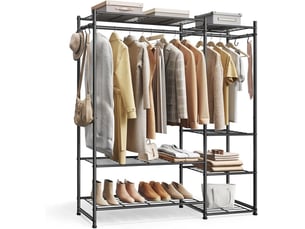 Portant à vêtements ouvert avec 7 étagères 30 x 124,8 x 157,1 cm pratique moderne pour chambre salon entrée en acier noir 12_0012509