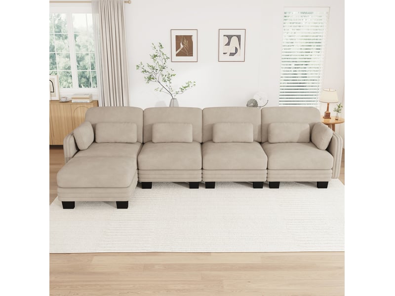  Canapé d’angle modulaire 4 places 330x143x88 cm, coussins lombaires et accoudoir, avec 1 pouf, tissu en chenille, café clair  - Conforama B