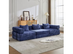 Canapé modulable convertible 3 places 300 x 100 x 63 cm pliable sans montage, sans ossature, tissu chenillé bleu foncé