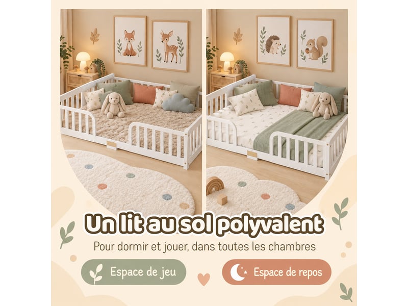  Lit enfant  140x200 cm pin blanc lit enfant au sol avec barrière de sécurité et sommier  - Conforama D