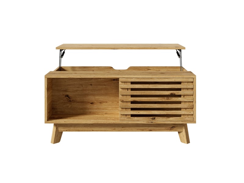 Table basse avec plateau relevable, design rétro moderne aspect bois, porte coulissante à persiennes, espace de rangement caché, 90x55 cm  - Conforama R