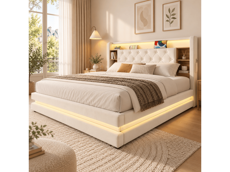  Lit coffre 180x200 lit rembourré avec tête de lit multifonction, led, 2 usb et usb-c, sommier à lattes, velours blanc écru Morn Vibe - Conforama B