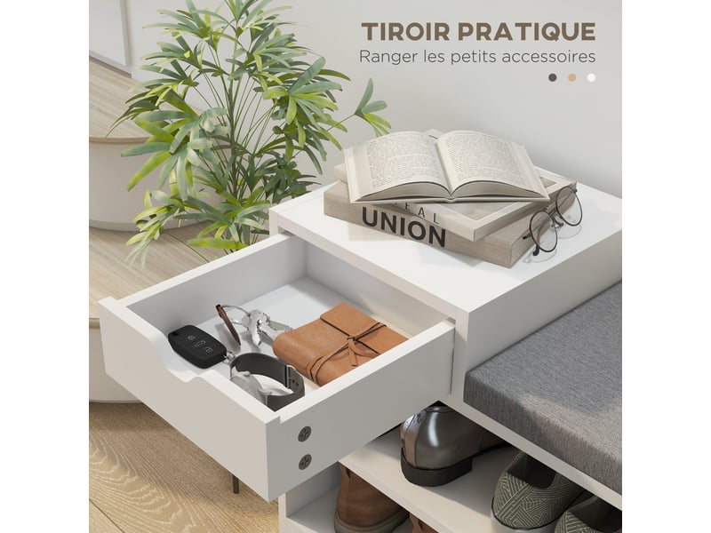  Meuble et banc à chaussures 1 tiroir et 3 compartiments, 76,5l x 30d x 52h cm, capacité 5 paires mdf  - Conforama E