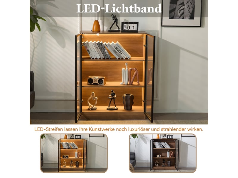  Vitrine naturel et bois foncé, verre, 80 × 30 × 106 cm, 3 étagères, portes vitrées et éclairage led pour salon  - Conforama C