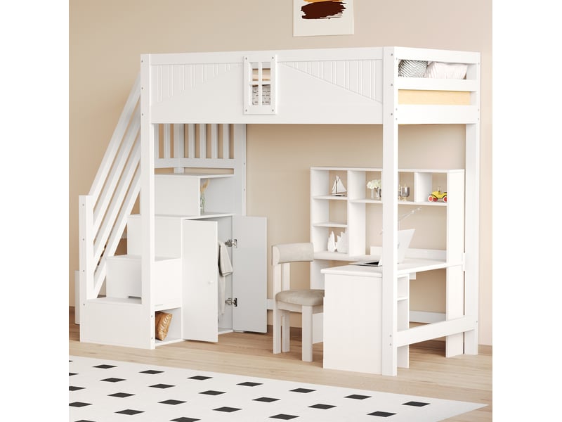 Lit mezzanine 90 x 200 cm blanc avec échelle réversible et rangement latéral - Conforama D