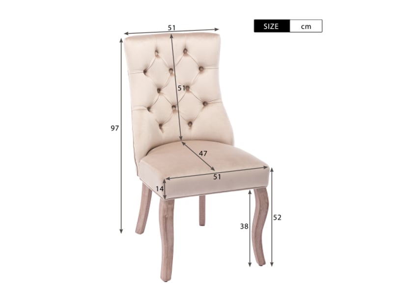  Lot de 4 chaises de salle à manger en velours beige avec dossiers hauts, coutures boutonnées, cadre en bois, sans accoudoirs  - Conforama D