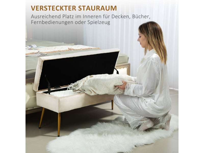  Banc coffre beige effet velours, couvercle, cadre métallique, rangement, 102x35x43 cm  - Conforama B