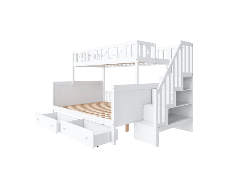  Lit superposé enfant 200×90 cm et 200×140 cm avec escalier de rangement et 2 tiroirs, sans matelas, blanc  - Conforama E
