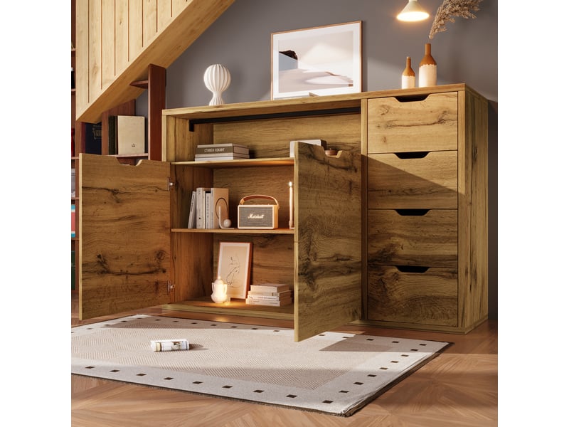  Buffet effet chêne 150 cm, 2 portes et 4 tiroirs, compartiment ouvert  - Conforama D