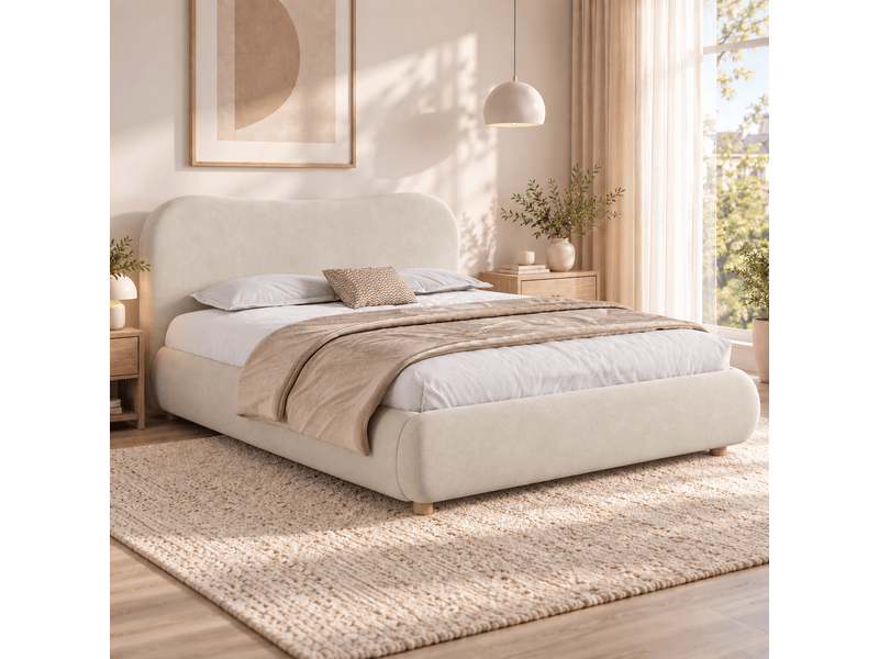  Lit coffre hydraulique 180x200 cm en velours crème avec grand rangement, tête de lit rembourrée et pieds en bois massif Morn Vibe - Conforama B