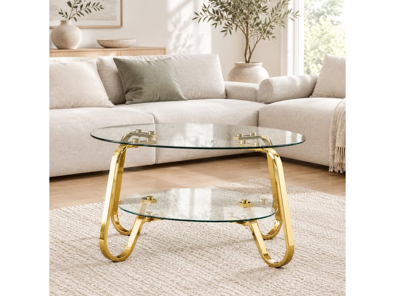  Table basse ronde double niveau – structure en métal doré et verre trempé – ø 80 x h 45 cm  - Conforama B