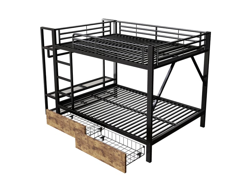  Lit superposé avec 2 tiroirs, étagères, led et penderie, métal noir, 140x200 cm, sans matelas  - Conforama D