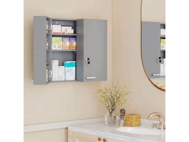  Armoire à pharmacie murale, armoire à médicaments avec double porte verrouillable 2 clés, 53x20x53cm, gris  - Conforama C