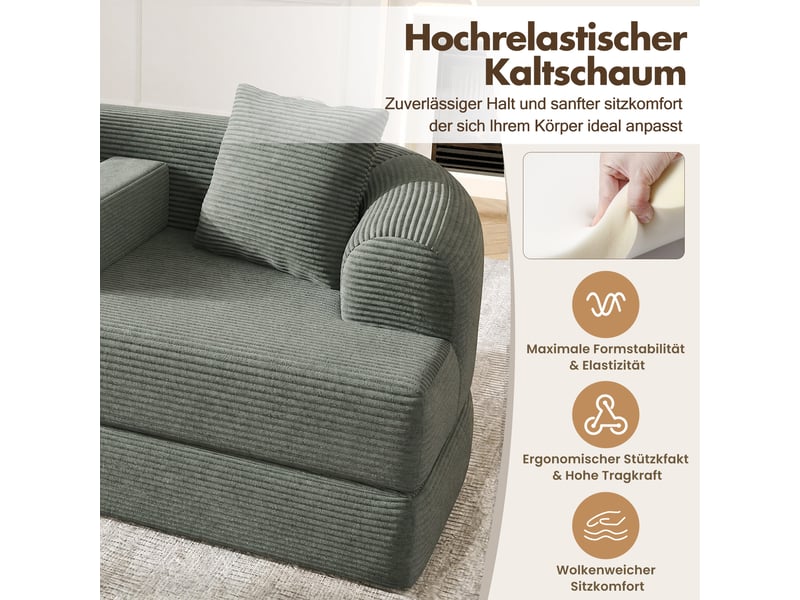 Canapé 2 places convertible lounge 184 cm - extension relax avec accoudoir amovible et porte-gobelet - velours côtelé vert - Conforama E