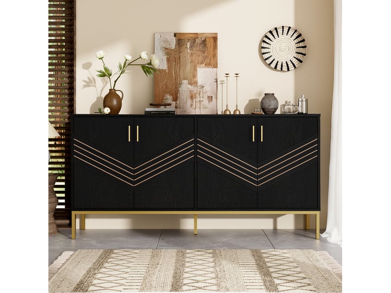  Buffet 160x40x80,5 cm, design élégant, poignées et pieds métal doré, 4 portes, 2 étagères réglables, mdf noir, salon  - Conforama D