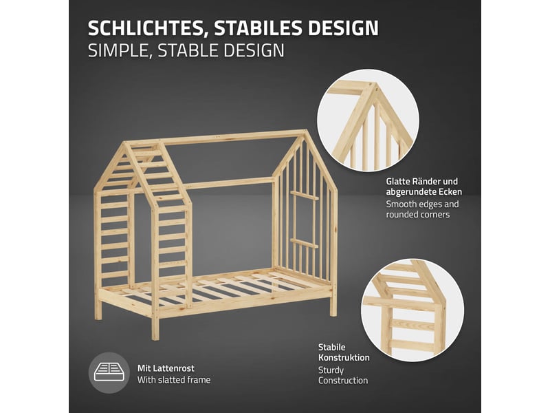 Ml-design lit cabane enfant avec matelas et sommier en bois de pin massif 80x160 cm, naturel, forme de maison avec toit et fenêtre, cadre montessori robuste pour filles et garçons, charge max. 90 kg ECD Germany GmbH - Conforama D