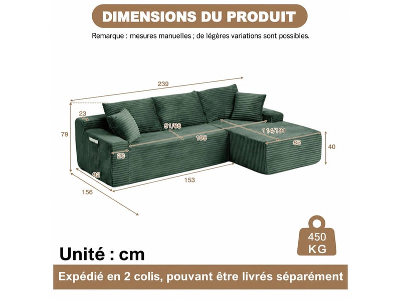  Canapé d’angle, velours côtelé modulable, mousse, droite, salonchambre, 79x239x156 cm, vert  - Conforama C