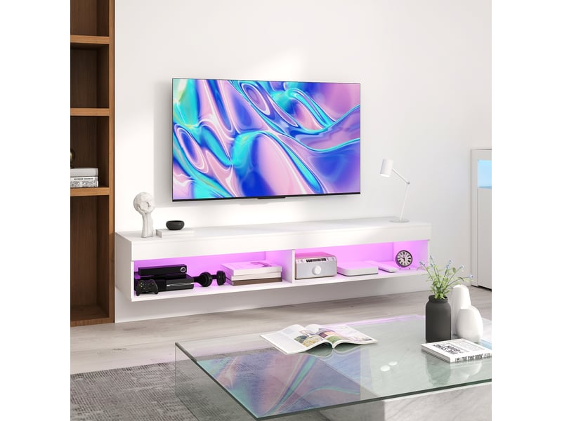  Meuble tv suspendu mural avec éclairage led pour téléviseurs jusqu'à 75 pouces, 180l x 40l x 30h cm, étagères, blanc  - Conforama D