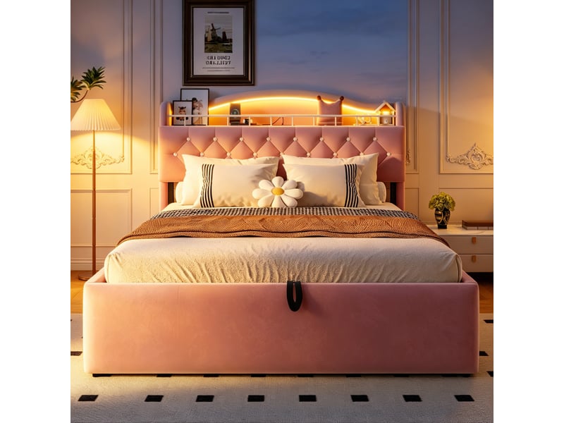  Lit coffre 140x200 cm, lit double, rangement hydraulique, led, usb et usb-c, velours rose  - Conforama E