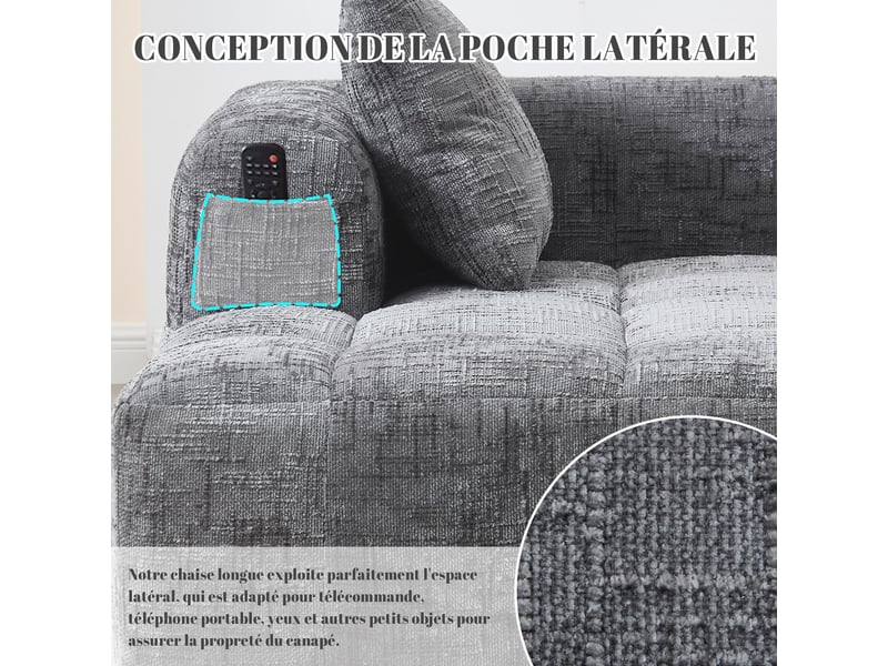  Méridienne fixe en chenille grise 158 x 90 x 60 cm avec coussin et poches latérales, salon chambre 158x90x60cm - Conforama E